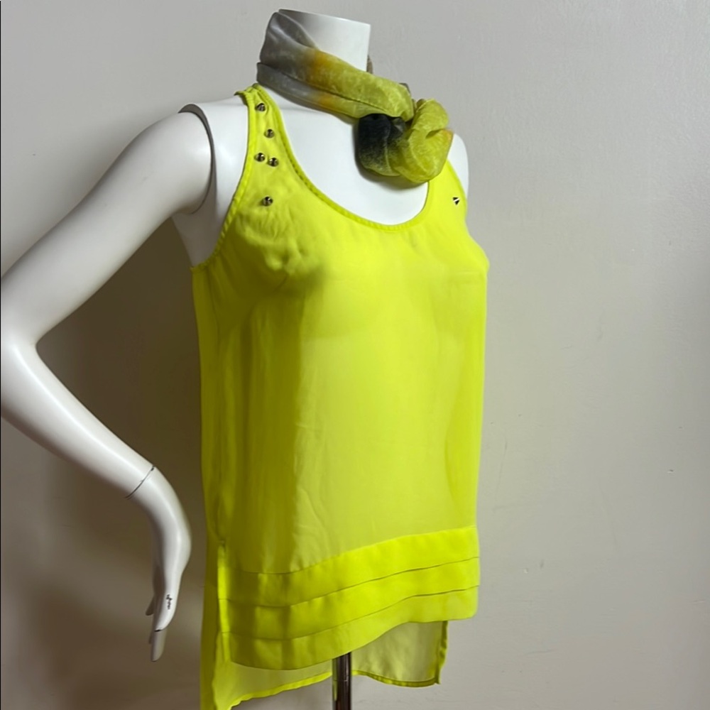 Bisou Bisou Asymmetrical neon Yellow Green studded Tank Top